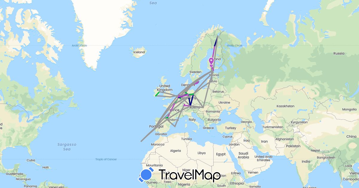 TravelMap itinerary: driving, bus, plane, train in Belgium, Germany, Denmark, Estonia, Spain, Finland, France, United Kingdom, Hungary, Ireland, Latvia, Netherlands, Portugal, Sweden (Europe)